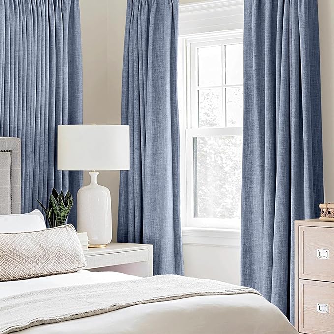 MIULEE Linen Texture Curtains for Bedroom Solid 100% Blackout Thermal Insulated Stone Blue Curtains Grommet Room Darkening Drapes Luxury Decor for Living Room Nursery 52x96 Inch (2 Panels)