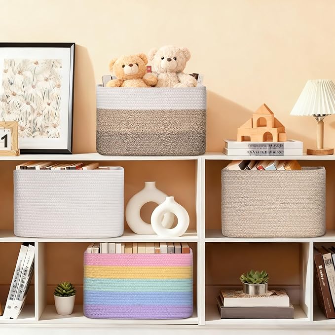 Woven Storage Baskets, Rainbow Baskets for Organizing, 3 Pack Woven Basket for Storage, Storage Baskets for Shelf, Towel, Toy, Book, Closet, Baby 15"×10"×9"