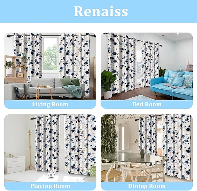 Renaiss Blue Floral Blackout Curtains, Flowers Pattern Thermal Insulated Window Curtains & Drapes for Bedroom 42W x 84L inches Long 2 Panel Set for Living Room Noise Reducing Decorative Curtains