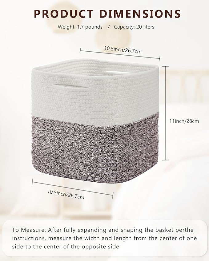 Cube Storage Bin 11" x 10.5" x 10.5" Cotton Rope Basket Square Woven Storage Basket for Shelves, Closet Organizer, Soft Towel Sock Basket, White/Brown, 2 Pack