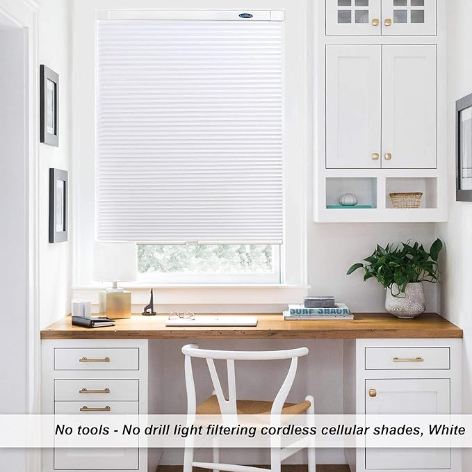LazBlinds Cordless Cellular Shades, No Tools No Drill Light Filtering Honeycomb Shades Pleated Blinds for Windows, 20'' W x 36'' H, White
