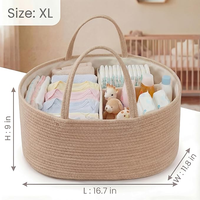 luxury little Diaper Caddy Organizer, Large Cotton Rope Nursery Baby Basket, Changing Table Organizer for Baby Diaper Storage, Portable Car Organizer Removable Divider (Oatmeal, Extra Large)