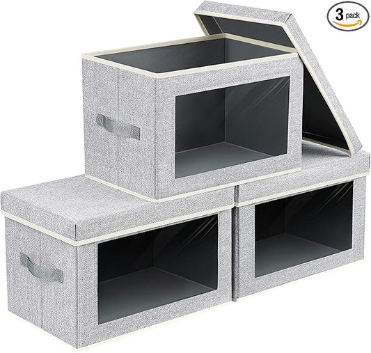 Fabric Storage Bins with Lids - 3 Packs Storage Cubes with Window, Foldable Storage Baskets Bins for shelves, Closet Storage Boxes for Towels, Clothes, Home, Office, Blended