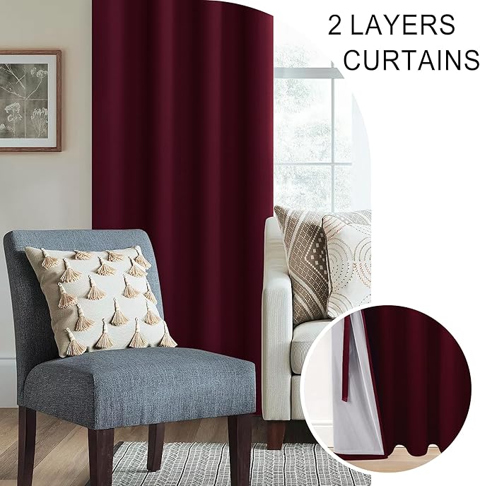 XWZO 100% Blackout Window Curtains- Thermal Insulated & Noise Reduction Black Liner Ring Top Window Treatment Sewn with Tiebacks for Bedroom/Living Room, Burgundy, W38 x L45, Set of 2