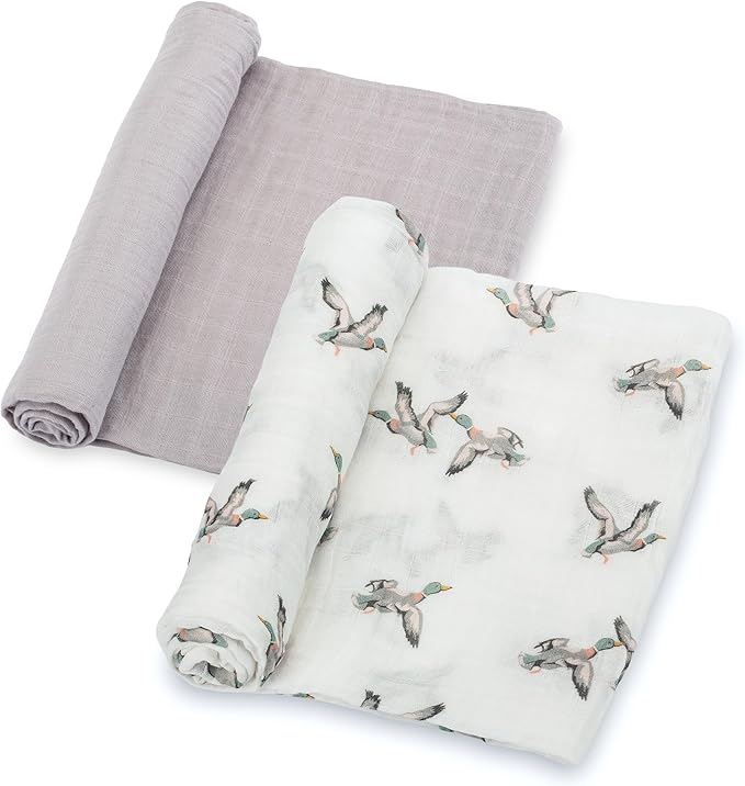 LollyBanks Muslin Swaddle Blankets 2PACK, 100% Cotton Baby Blanket 47 x 47 Inches, Large Baby Swaddle Breathable, Muslin Blankets for Boys and Girls (Mallard Duck and Grey)