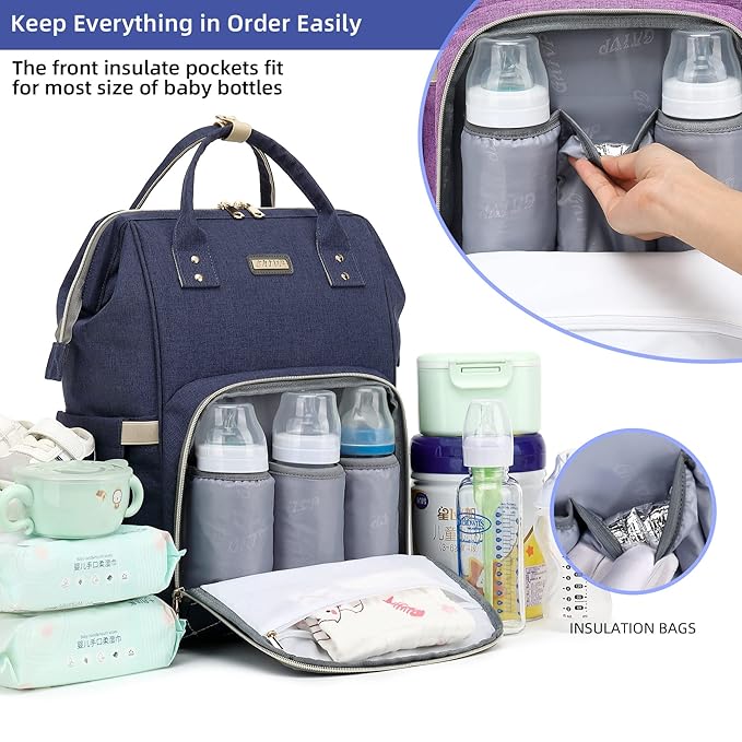 Diaper Bag Backpack, Diaper Bags for Baby Girls Boys, Baby Bags for Moms Dads, Nappy Changing Bag with Insulated Pockets,Multi-functional Waterproof Backpack with Stroller straps-Blue