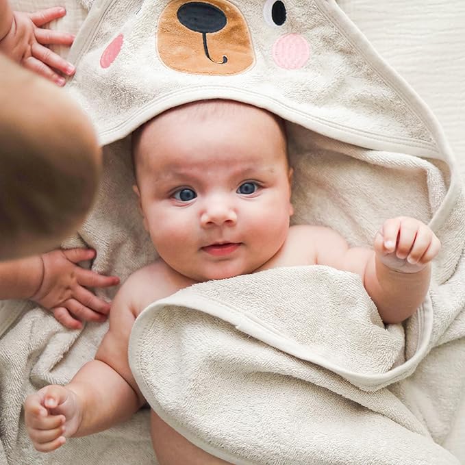 CuddleBug Premium Hooded Baby Bath Towel & Washcloth Set (Bear) - 100% Cotton Terrycloth Hooded Baby Towels for Newborn & Toddler, Super-Soft & Absorbent, Newborn Essentials (30" x 30") - Honey Beige