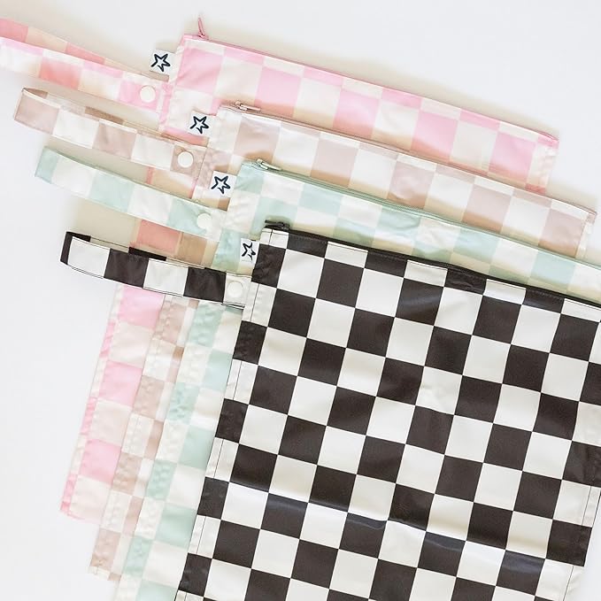Tiny Twinkle Mess Proof Wet Bags | 2-Pack Reusable Waterproof Wet Bags for Swimsuits | Baby Clothes | Travel & Diaper Bag (Pink, Brown Checkers)