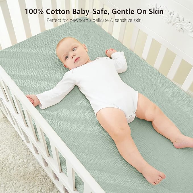 Bearmoss Muslin Crib Sheets - 100% Cotton Baby Crib Sheets Fitted for Standard Crib Mattress & Toddler Bed Mattress 52"x28" Soft Breathable Crib Sheet Neutral for Boys Girls - 2 Pack (Bamboo)