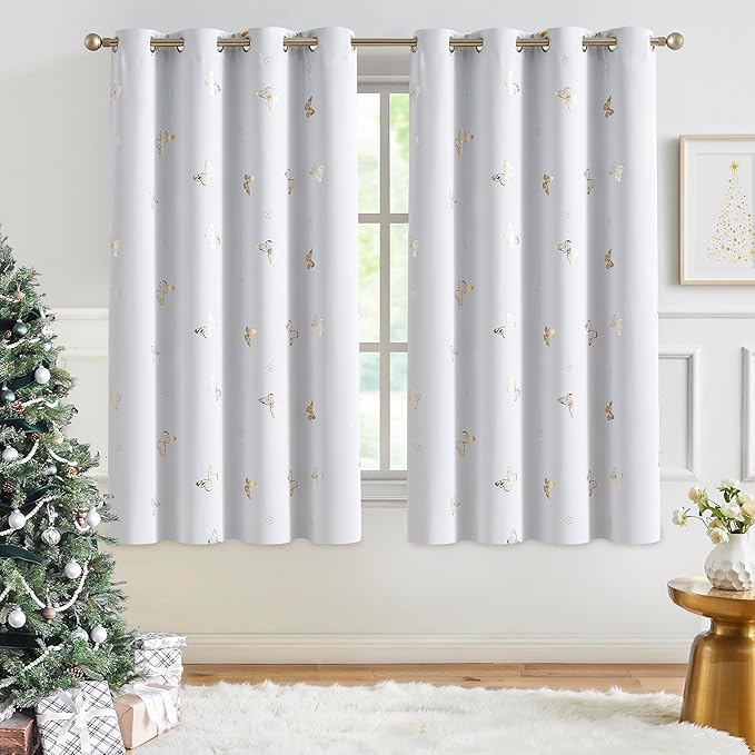 Jubilantex Metallic Butterfly Blackout Curtains 54" Long for Small Window Greyish White and Gold Print Butterfly Curtains Energy Saving Grommet Top for Bedroom Girls Room,52 W