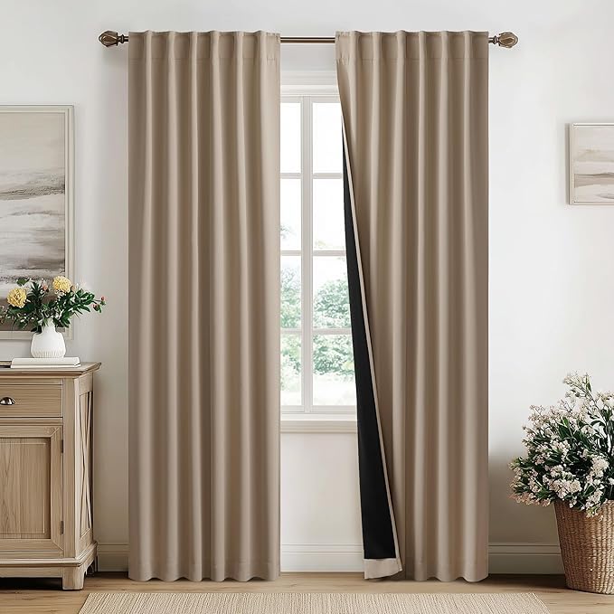 NICETOWN Taupe 100% Blackout Curtains for Bedroom, 52x84 Inches Set of 2 for Living Room, Rod Pocket Back Tab & Noise Reducing Drapes Black Lined Insulated Window Treatment Panels