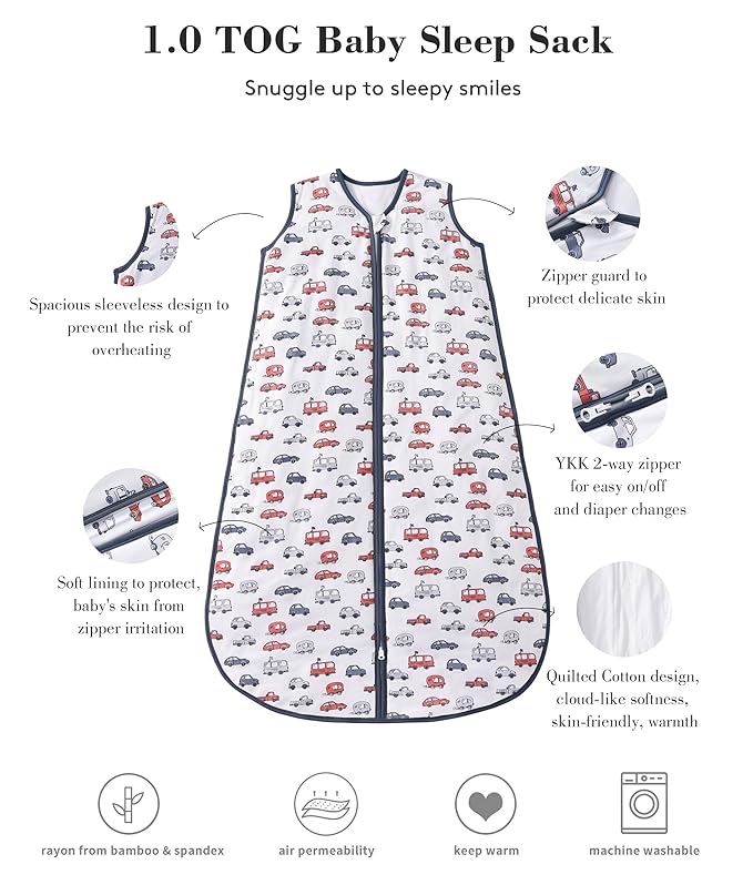 TADO MUSLIN Baby Sleep Sack 2-4 T 95% Rayon from Bamboo 5% Spandex Boys & Girls Wearable Blanket 1.0 TOG Toddler Sleeping Sack 2- Way Zipper X-Large Car Truck