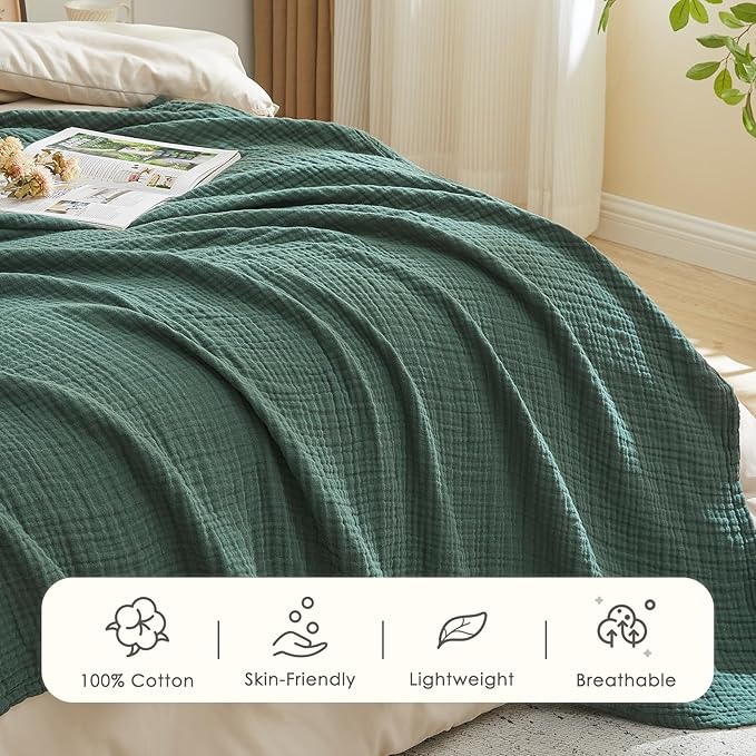 EMME Cotton Muslin King Blanket Big Oversized Bed Layering Bedspread Coverlet Breathable Gauze Soft Lightweight Blankets (Forest Green, 120"x94")