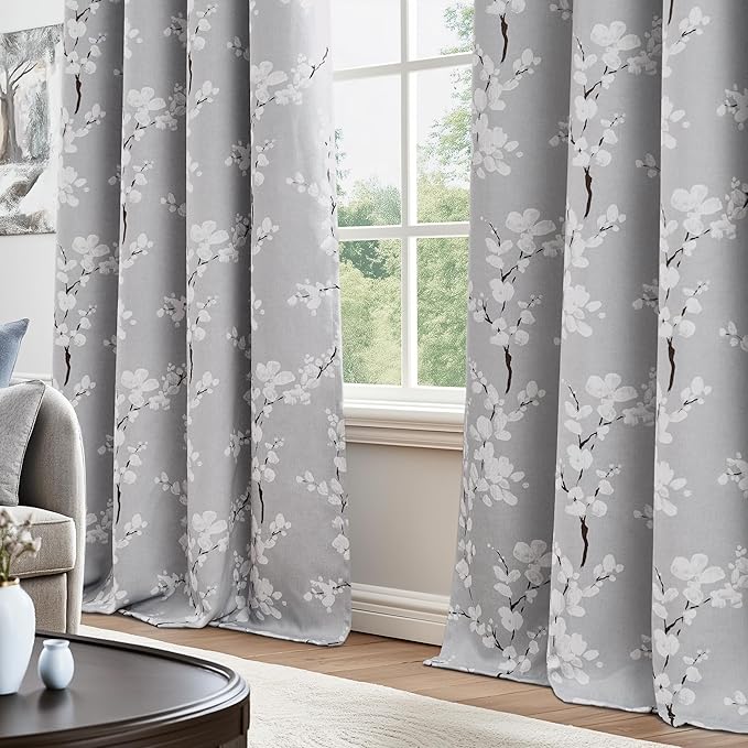 FMFUNCTEX 100% Blackout Floral Curtains for Bedroom, Grey Curtains 54 inch Length Blossom Flower Patterned for Living Room,Thermal Insulated Drapes Farmhouse, Grommet Top 2 Panels (White on Grey)