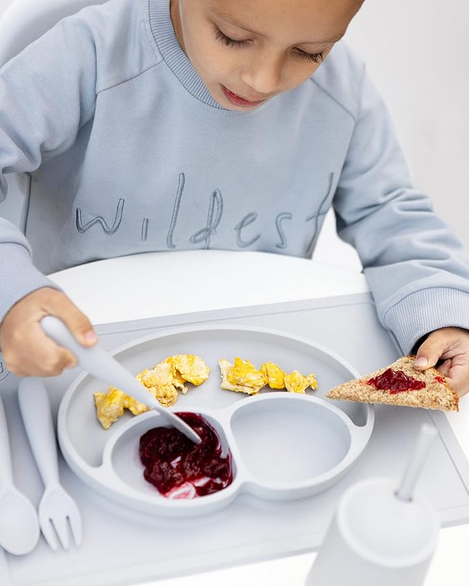 ezpz Happy Utensils (Pewter) - 24 Months+ - BPA Free Toddler Utensils - Fork, Spoon and Knife for Toddlers and Preschoolers - Kids for Self-Feeding Development