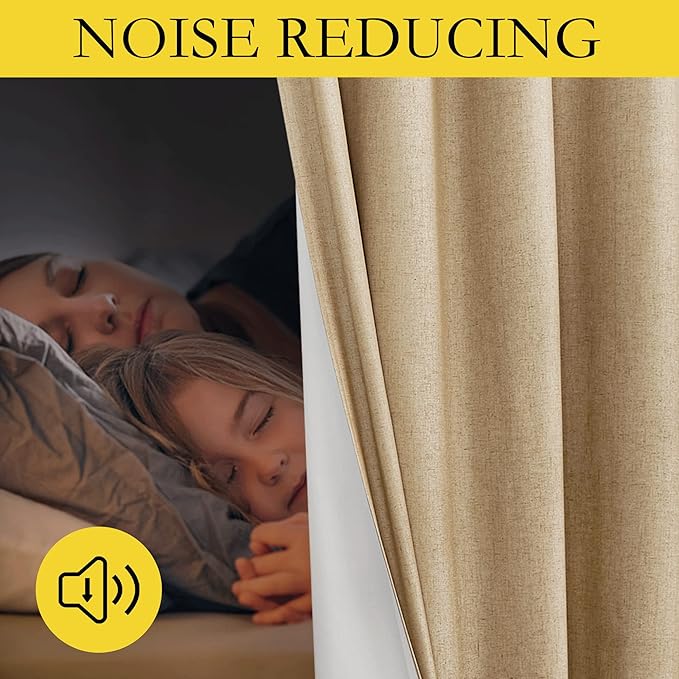 NICETOWN 100% Blackout Linen Curtains with Thermal Insulated White Liner, Camel, 52" Wide by 63" Long, 2 Pieces, Rod Pocket & Back Tab Linen Blend Privacy Window Treatments for Bedroom/Kids' Room
