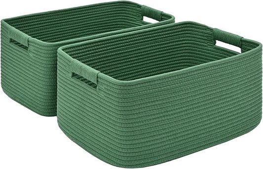 2 Pack Large Storage Basket for Organizing, 17.5"x13.5"x7.5" Woven Basket for Shelves, Closet Cube Storage Bins with Wrapped Handle, Cotton Rope Baskets for Kitchen, Clothes, Toys(Green)