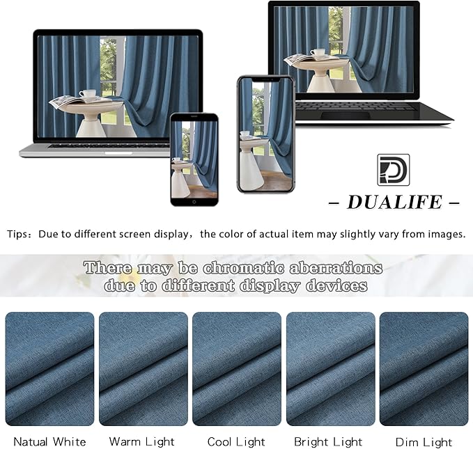 DUALIFE 100% Blackout Linen Blue Curtains for Bedroom 84 Inches Long,Back Tab/Rod Pocket Living Room Drapes,Thermal Insulated Textured Black Out Curtains 2 Panels Set,50" W x 84" L,Classic Blue