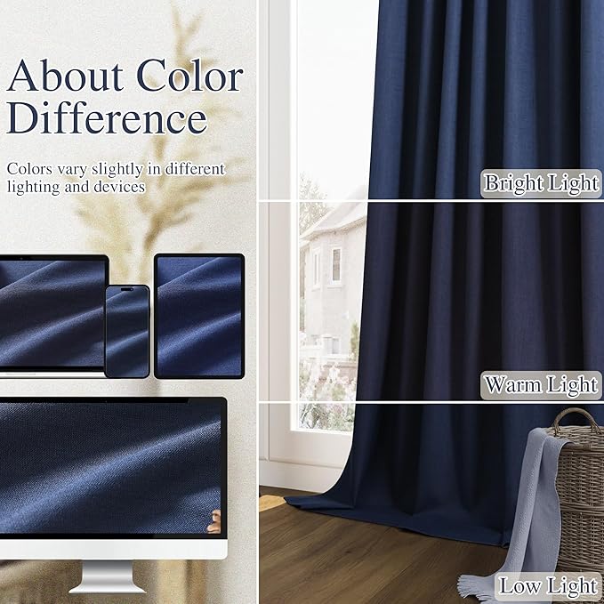 Guken Navy Blue 100% Blackout Curtains 90 Inch Length 2 Panels Set for Living Room Bedroom Back Tab Thermal Insulated Black Out Linen Drapes Room Darkening Window Curtains 90 Inches Long