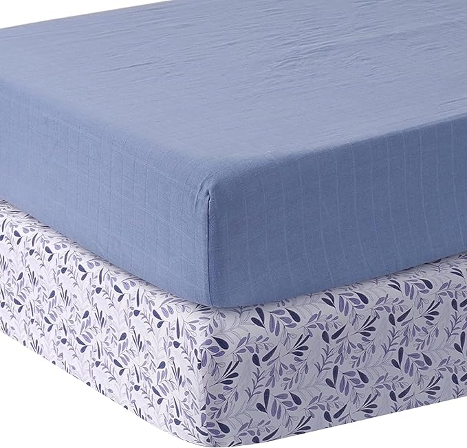 MOZAH Organic Muslin Crib Sheets, Soft and Breathable Bedding for Baby Girls or Boys, Snug Fitted Sheet for Standard Cribs & Toddler Mattresses, 2 Pack, Blue and Blue Leaves