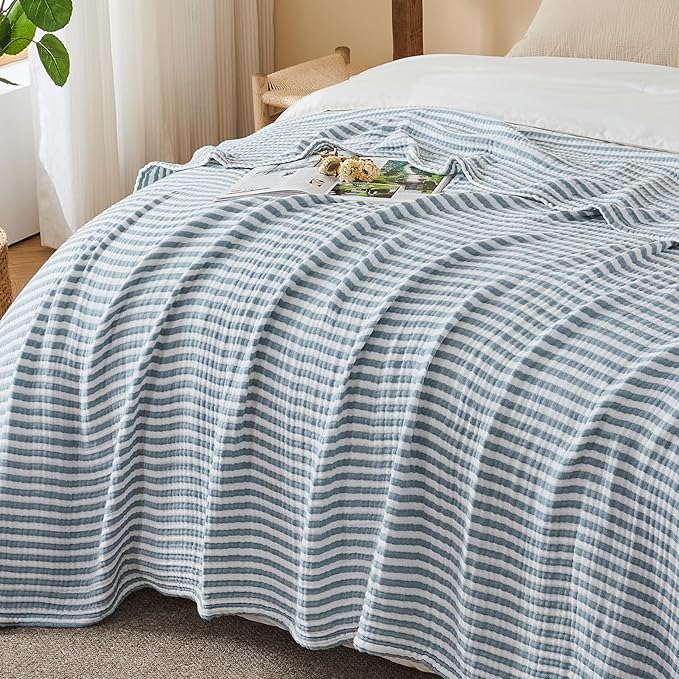 EMME Cotton Muslin Twin Blanket Breathable Gauze Soft Lightweight Adults Gifts for Women (Striped Teal, 60"x80")