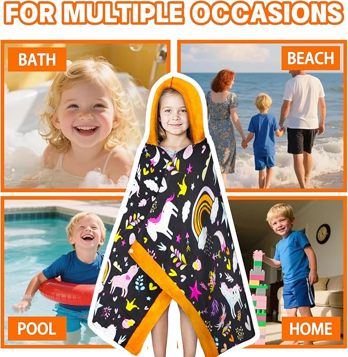 Hooded Poncho Towels for Kids 3-10 Years-Soft Thick Cotton Floral Unicorn Toddler Hood Bath Towels/Pool Terry Towel Beach Wrap Absorbent Cute Bath & Swim Wrap Gift for Boys & Girls-Black