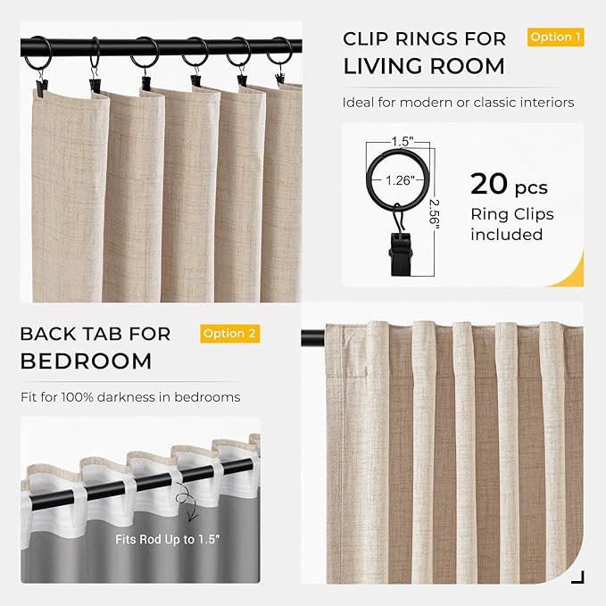 INOVADAY 100% Blackout Curtains for Bedroom, Black Out Curtains 63 Inch Long, Clip Rings Linen Blackout Drapes, Thermal Insulated Room Darkening for Living Room, 2 Panels - Oatmeal,W50xL63