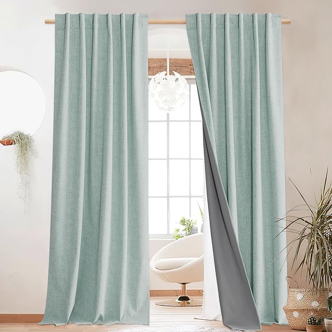 NICETOWN Full Blackout Linen Curtains for Living Room 102" Length with Thermal Insulated Liner, Farmhouse Style Keep Cool & Warm Large Window Drapes for Hall, Villa (2 Panels, 52" Wide, Seafoam Green)