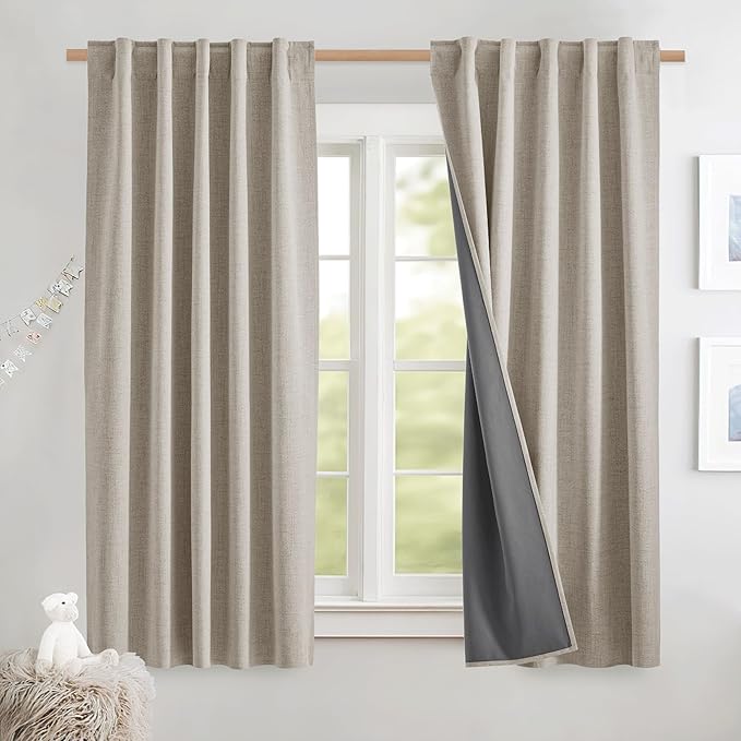 NICETOWN Natural Thick Linen Blend 100% Blackout Curtains with Grey Liners, Rod Pocket Back Tab Thermal Insulated Flax Textured Full Blackout Window Draperies for Kitchen (2 Panels, 42" W by 63" L)