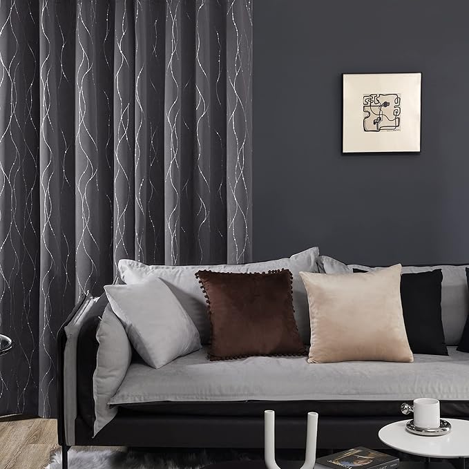 Deconovo Grey Blackout Curtains for Bedroom, Thermal Insulated Soundproof Drapes, Wave Dots Foil Print, 38 x 84 Inches Long, 2 Panels, Machine‑Washable Privacy Window Panel for Living Room Patio Door