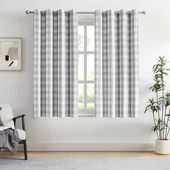 Amzdecor Buffalo Plaid Check Full Blackout Curtains Woven Checkered GEO Thermal Insulated Energy Efficient Drapes Grommet 2 Layers Window Treatment for Bedroom Living Room,2 Panels,52"x63",Gray White