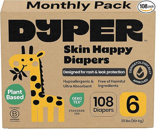 DYPER Monthly Pack Baby Diapers Size 6 (35+ lbs) 168 Count - Leak-Proof & Plant Based, Hypoallergenic and Ultra Absorbent Size 6 Diapers for Day and Overnight Skin Protection (Packaging May Vary)