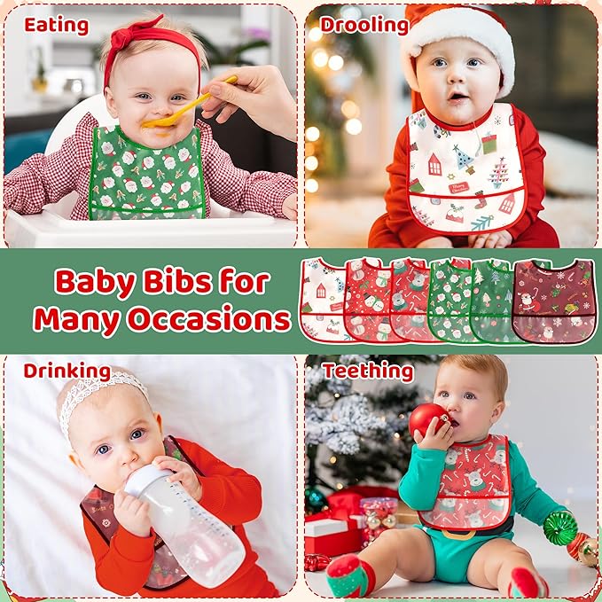 2ooya Christmas Baby Feeding Bib - 6Pcs Toddler Waterproof Food Bibs with Crumb Catcher Pocket Xmas Infant Adjustable Sleeveless Baby Bib First Christmas Gift for Eating Teething Drooling, 6-24 Months