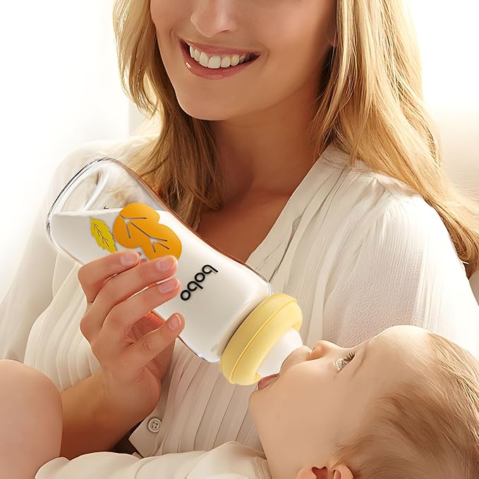 YOHKOH Natural Glass Baby Bottle with Level 2 Medium Flow Nipple, Newborn Anti-Colic Baby Bottles, Wide Neck Mushroom Baby Glass Bottle (Yellow, (8.8oz (Pack of 4))
