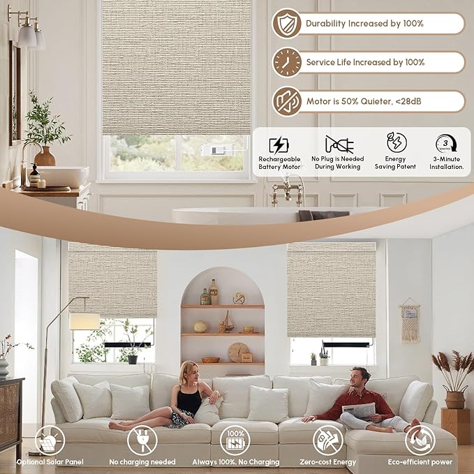 Kincmo No Drill Motorized Blinds with Remote, 100% Blackout Roller Shades for Windows, Custom Electric Blinds Compatible with Alexa, Apple Homekit, Google Home (100% Blackout Classic Sandy)