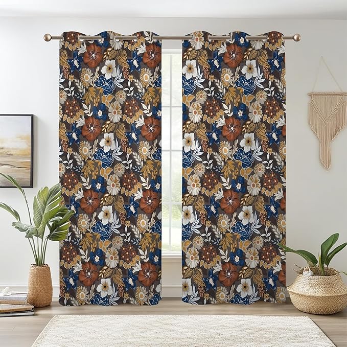 Renaiss Bohemian Floral Blackout Curtains, Blue Brown White Flower Thermal Insulated Bedroom Window Curtains, Boho Style Patterned Window Curtains for Kitchen, 63" L x 53" W 2 Panel Set