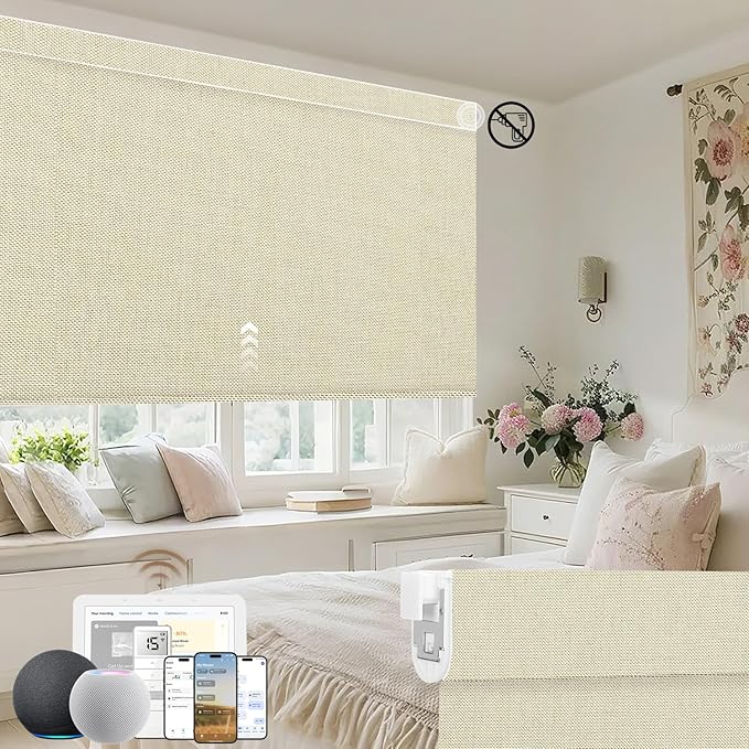 Kincmo No Drill Motorized Blinds with Remote, 100% Blackout Roller Shades for Windows, Custom Electric Blinds Compatible with Alexa, Apple Homekit, Google Home (100% Blackout Dual Sided Beige)