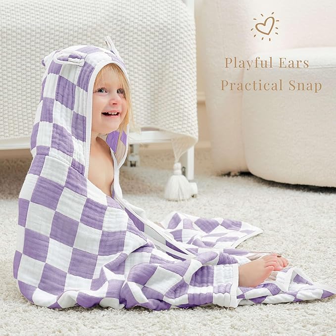 Ultra-Soft Muslin Toddler Hooded Towel - 55 x 28 Inches, Ideal for Bath & Beach, Suitable for Both Boys & Girls from Newborns to Toddlers（Lavender Check）