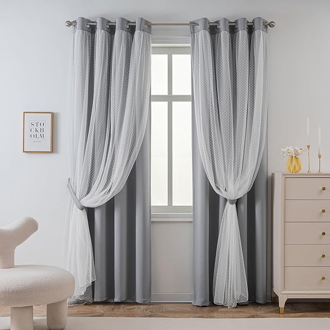 MYSKY HOME 70% Blackout Curtains for Girls Bedroom & Nursery Kids Grey Cute Curtains Double Layer with Polka Dots Sheer, Grommet Tops, 52x95 Inch Each Panel, 2 Panels
