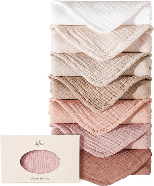 Konssy Muslin Baby Burp Cloths Sets for Unisex- 7 Pack Soft 100% Cotton Burping Clothes for Newborn，Baby Girls and Boys