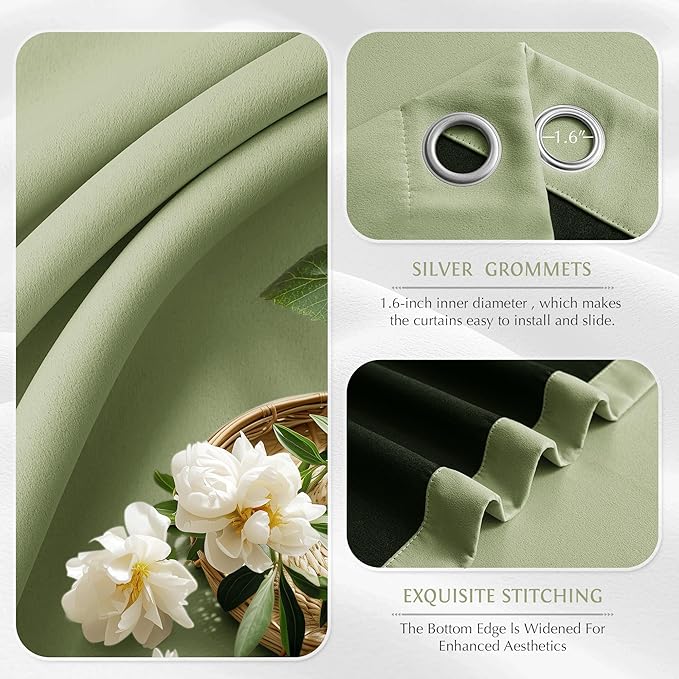 Beauoop Sage Green 100% Blackout Curtains 54 Inch Long 2 Panels for Bedroom Living Room Solid Room Darkening Thermal Insulated Soundproof Energy Saving Grommet Top Window Treatment Drapes,52x54 2 Set