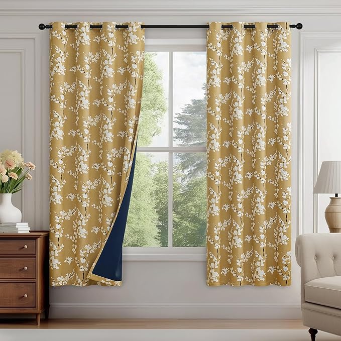 FMFUNCTEX 100% Blackout Floral Curtains for Bedroom, Mustard Yellow Curtain 63 inch Length Blossom Patterned for Living Room, Thermal Insulated Farmhouse Drapes, Grommet Top 2 Panels (White on Yellow)