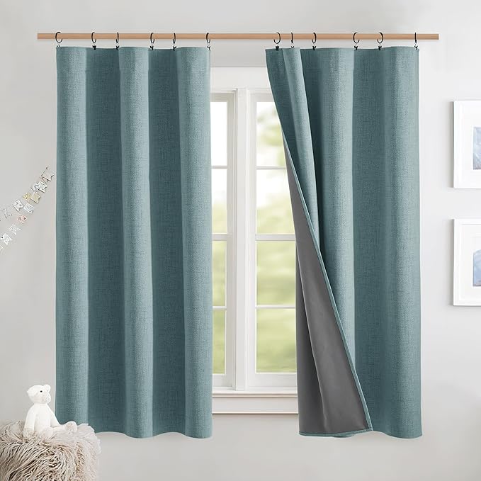 NICETOWN Skylark Blue Thick Linen Blend 100% Blackout Curtains with Grey Liners, Rod Pocket Back Tab Thermal Insulated Flax Textured Full Blackout Window Drapes for Kitchen (2 Panels, 42" W by 63" L)