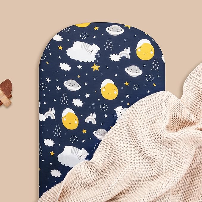 TILLYOU Baby Bassinet Sheets for Girls Boys 2 Pack Baby Sheets for Square Rectangle Oval Bassinet Mattress 33X16 Inch, Adventure and Dark Blue