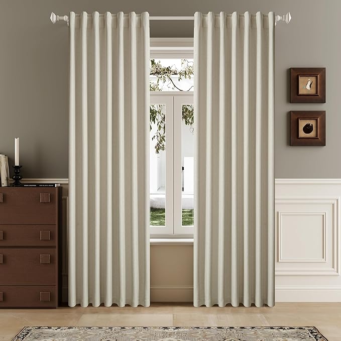 Full Blackout Natural Birch Curtains 63 Inch Long Linen Textured Curtains Thermal Insulated Heat Blocking Noise Reducing Vintage Drapes for Nursery Bedroom Rod Pocket&Back Tab 2 Panels 50W x 63L