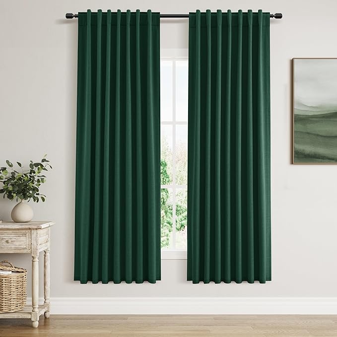Guken Dark Green 100% Blackout Curtains 80 Inch Length 2 Panels Set for Living Room Bedroom Back Tab Thermal Insulated Black Out Linen Drapes Decor 52x80 Long