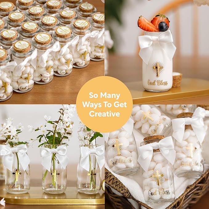 Ethisa Vintage 24 Pack Baptism Glass Bottles with Ribbons and Stickers - Classy God Bless Party Favors for Baptism and 1st Communion - Bautizo Table Centerpiece Decoration - Baby Christening Candy Jar