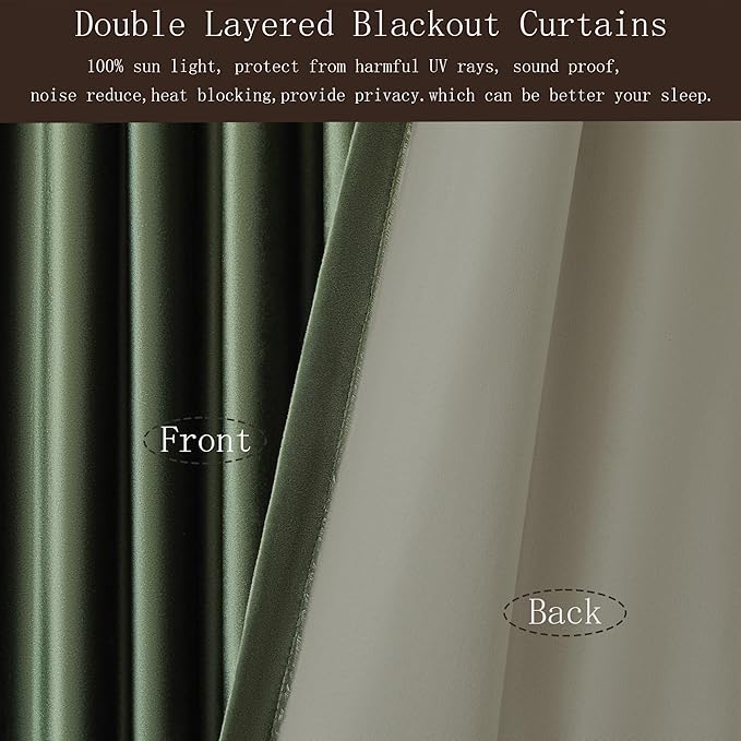PRIMROSE Full Blackout Olive Green Velvet Curtains 102 inch Long for Living Room,2 Liner Rod Pocket Back Tab Thermal Window Curtains Room Darkening Heavy Decorative Curtain Drapes for Bedroom