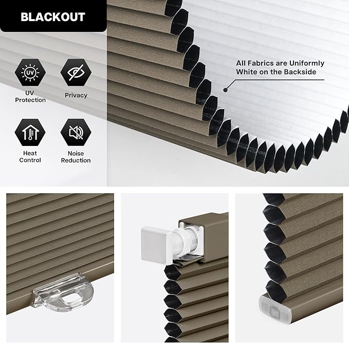 LazBlinds Cordless Cellular Shades, No Tools No Drill Blackout Honeycomb Shades Pleated Blinds for Windows, 48" W x 64" H, Dark Coffee