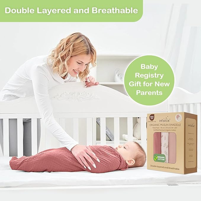 100% Organic Cotton Muslin Baby Blanket 3 Pack - Breathable Swaddle, Hypoallergenic Double-Layer, Versatile Use (Pink, Floral, Rust, 38x40 Inch)